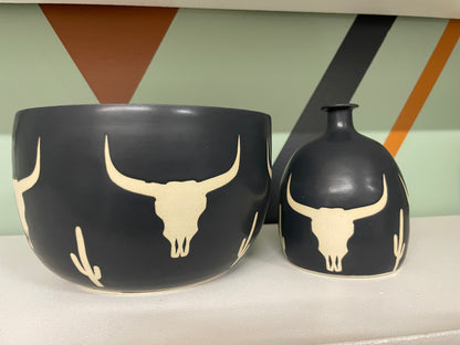 Matte Black Cactus and Cow Skull Planter