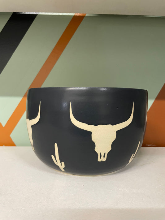 Matte Black Cactus and Cow Skull Planter