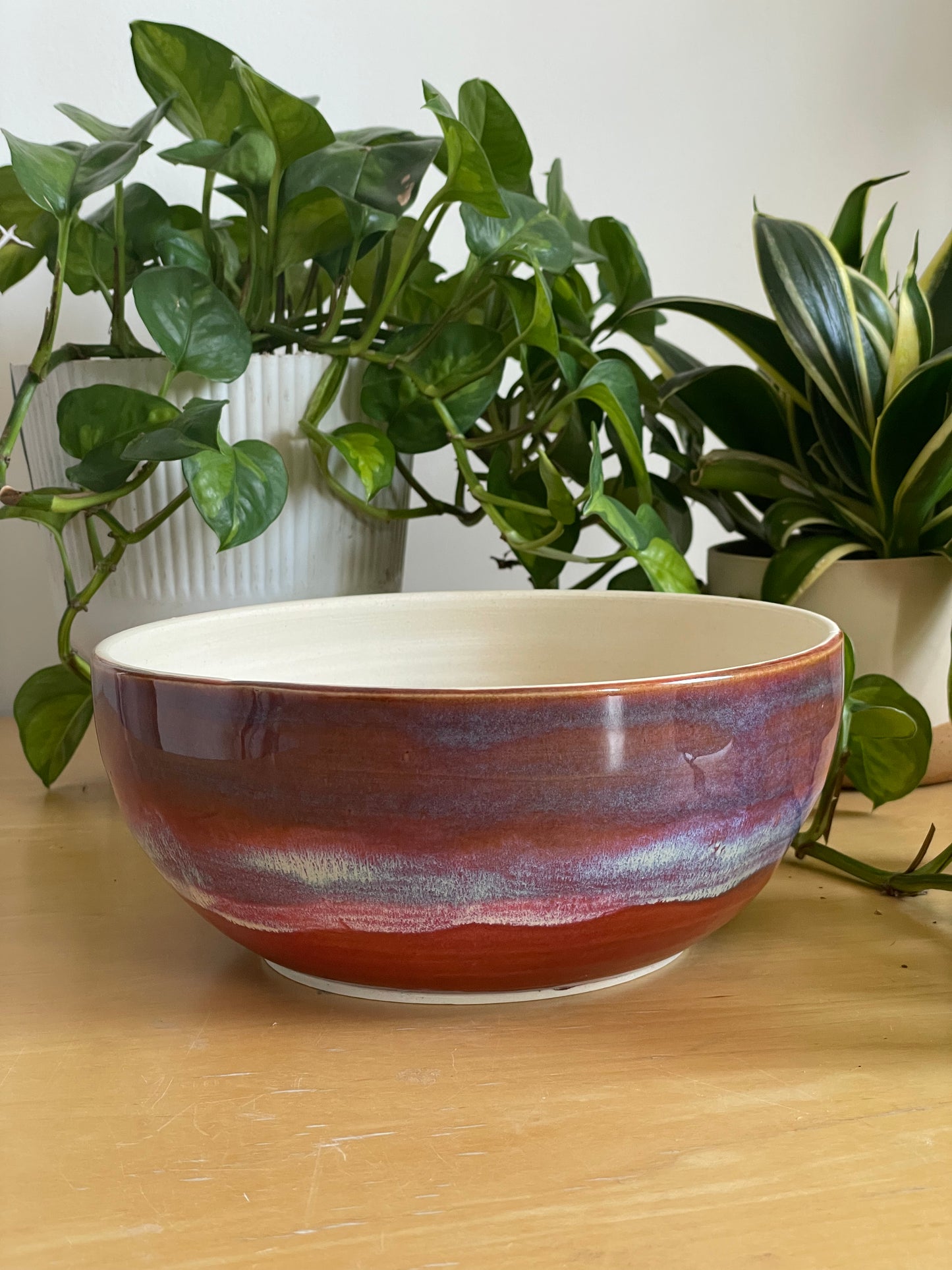 Red with Blue and White Floating Glaze Planter